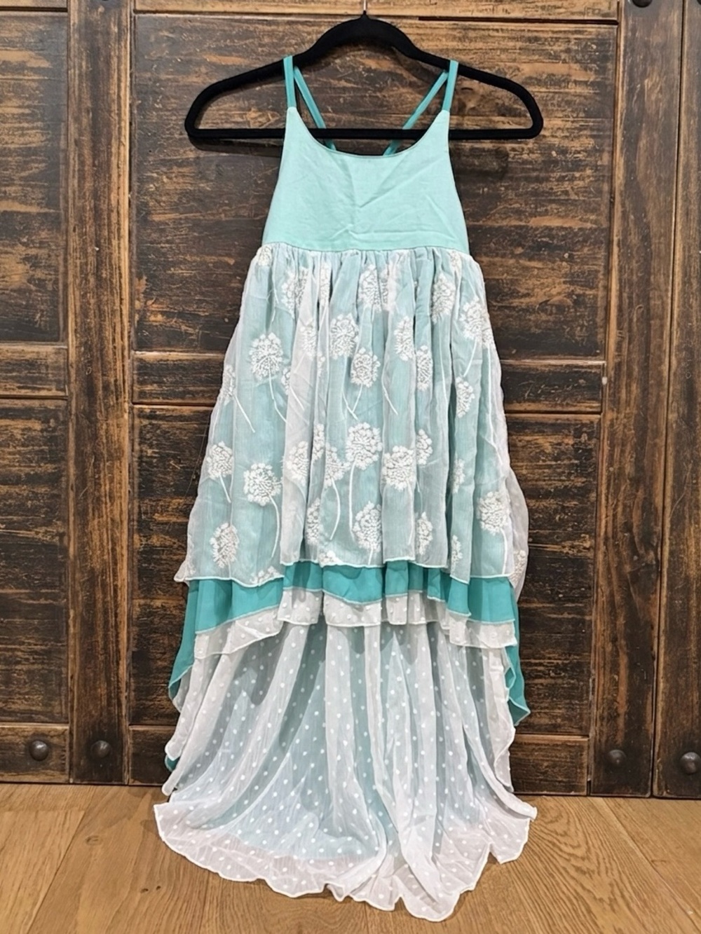 Girls Turquoise Boho Fairycore Linen Swiss Dot Layered High Low Beach Dress